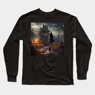 Young Witch Walking Home With A Black Cat Long Sleeve T-Shirt